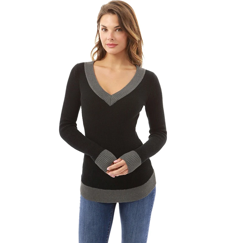 Autumn Winter Sexy V neck Long Sleeve Patchwork T shirt Women Tshirt