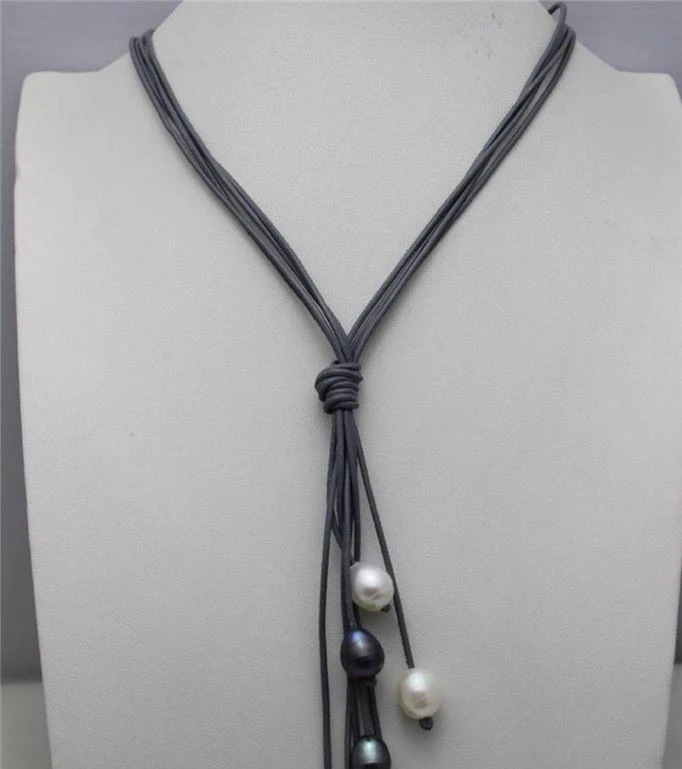 

8bead Gray Genuine Leather white&black Freshwater Pearl Necklace 20" Beauty a(5.18)