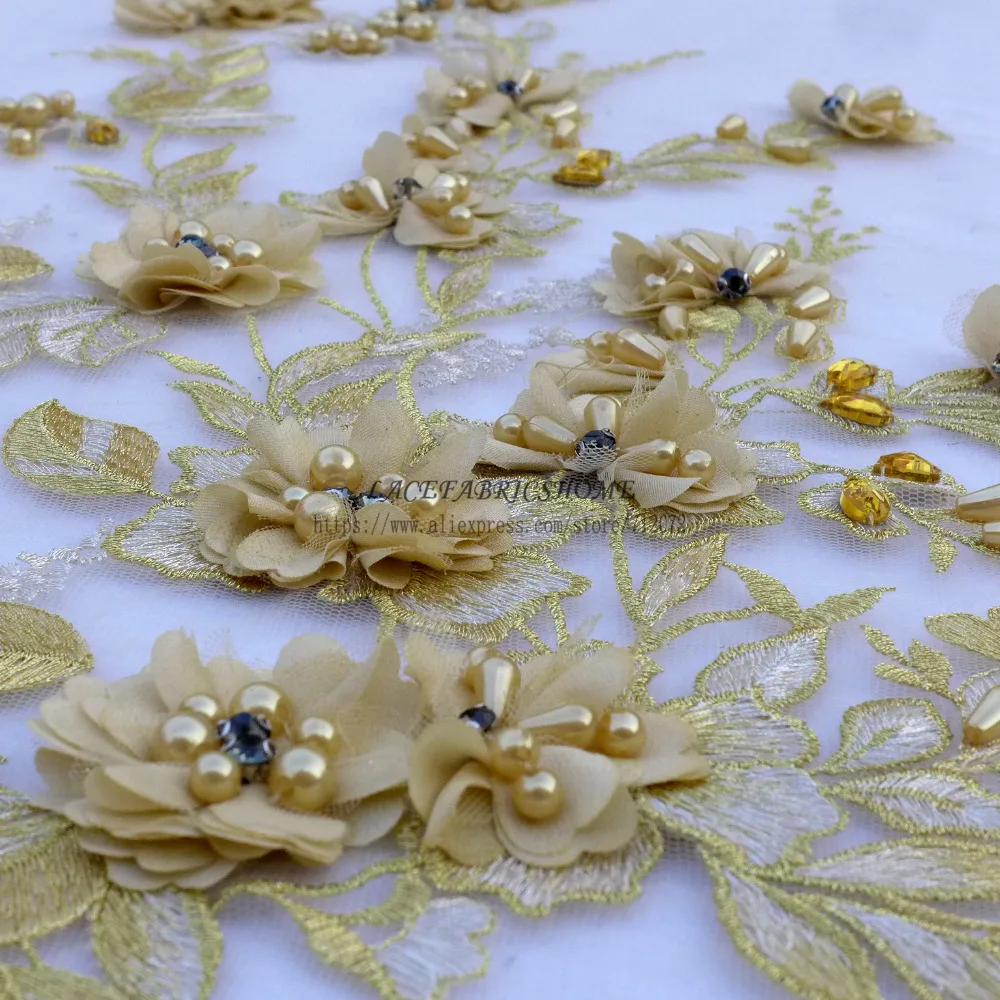 

2017 NEW style Yellow/gray pink/beige rhinestones pearls 3D flowers heavy handmade wedding dress lace fabric 51'' width 1 yard