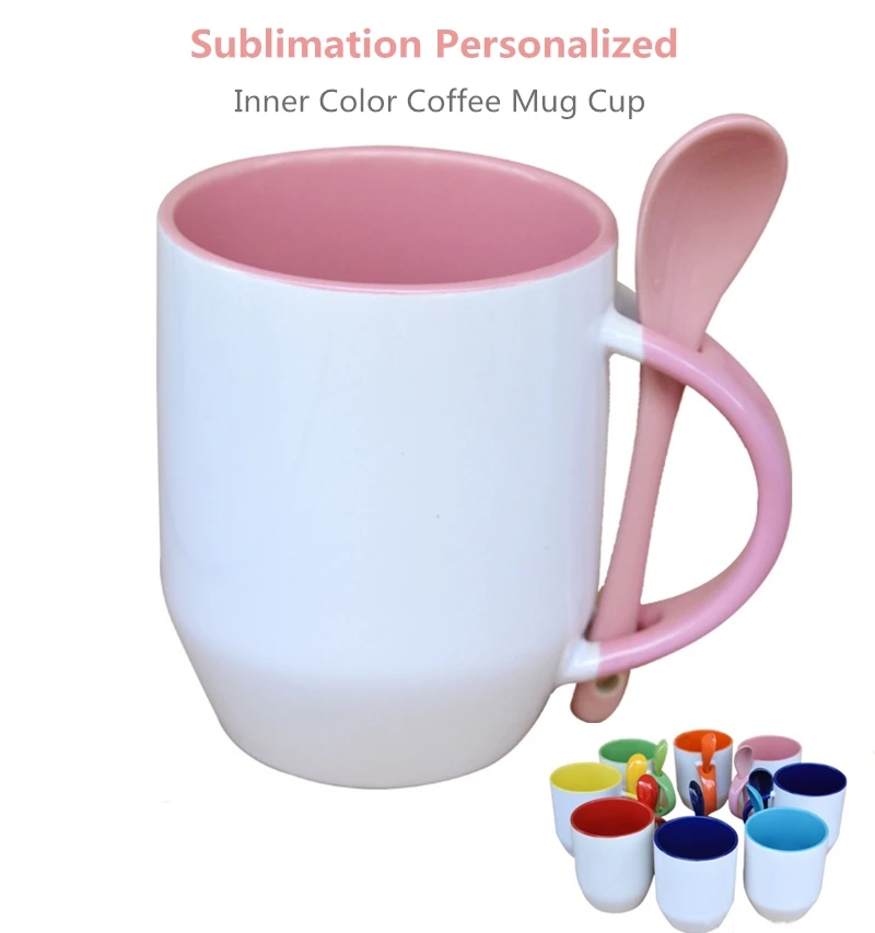 

Sublimation Personalized Inner Color Coffee Cup 12oz Spoon Insert Mug Milk Juice Water Cups Handle Ceramic Simple Ins Mugs Gifts