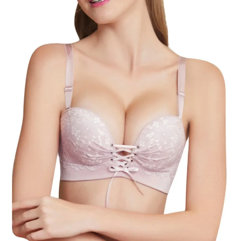

Front Lace Up Push Up gather Bras Women Half Cup lace Patchwork Bralette women everyday stylish Wireless Underwear Bra