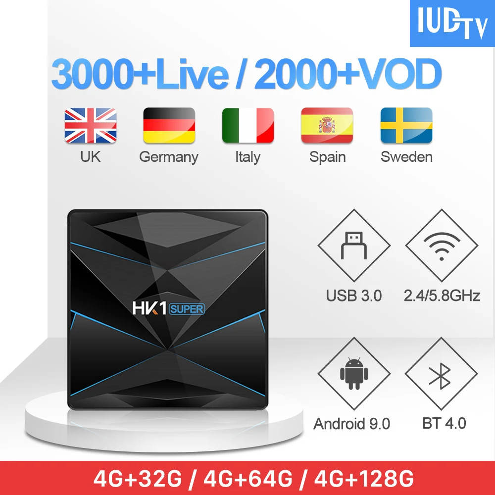 

IPTV Sweden Spain Italy IUDTV IPTV Box HK1 Super 4K Smart Android 9.0 TV Box IUDTV 1 Year Europe IP TV India Greece Subscription