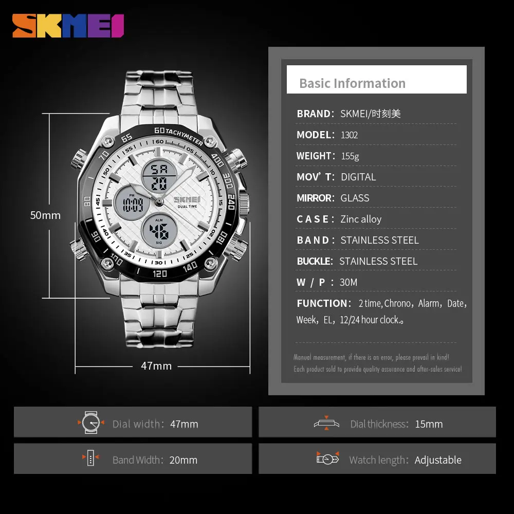 SKMEI Watch Men Relojes Deportivos Sports Watches Golden Stainless Steel Dual Time Digital Quartz Wristwatches Male Clock 1302
