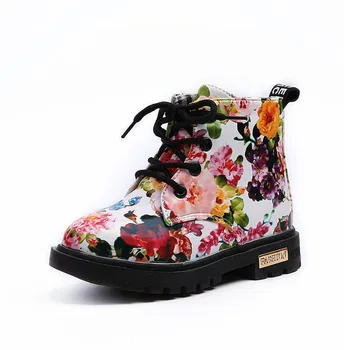 

Unisex Cotton Lined Boots Child Fashion Flower Print Lace-UP Flat With Martens Boot Kids PU Leather Shoes #14 Spring Autumn 2018