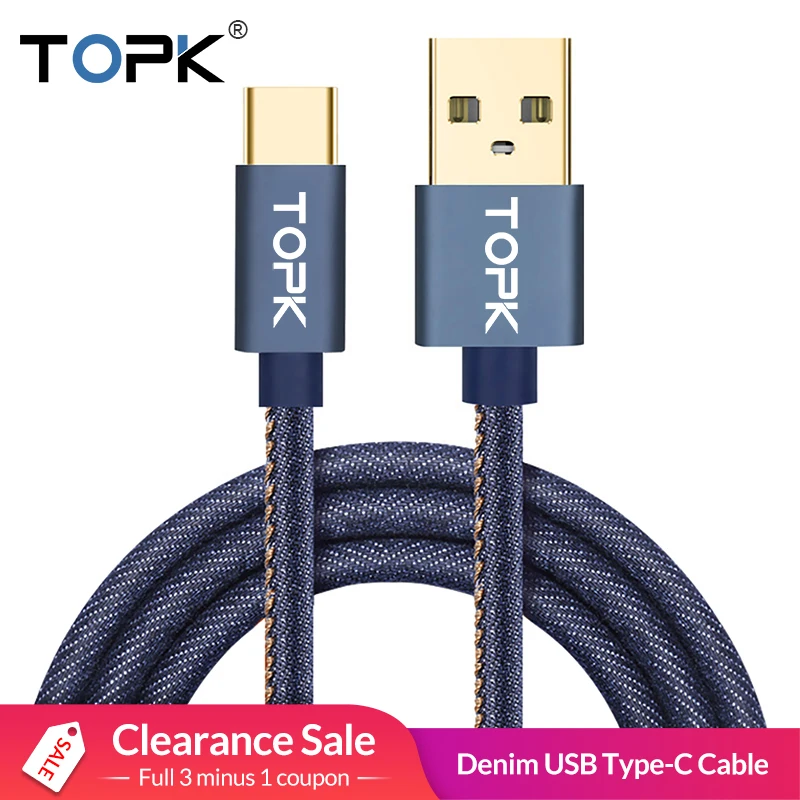 Кабель type C Topk [1 2 м 1 8 м] джинсовый Плетеный USB позолоченный кабель для быстрой