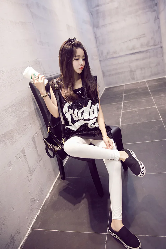 Danjeaner корейский сексуальный ночной клуб Ds длинные топы без рукавов для женщин хип-хоп мода свободная футболка с блестками Повседневный жилет с круглым вырезом