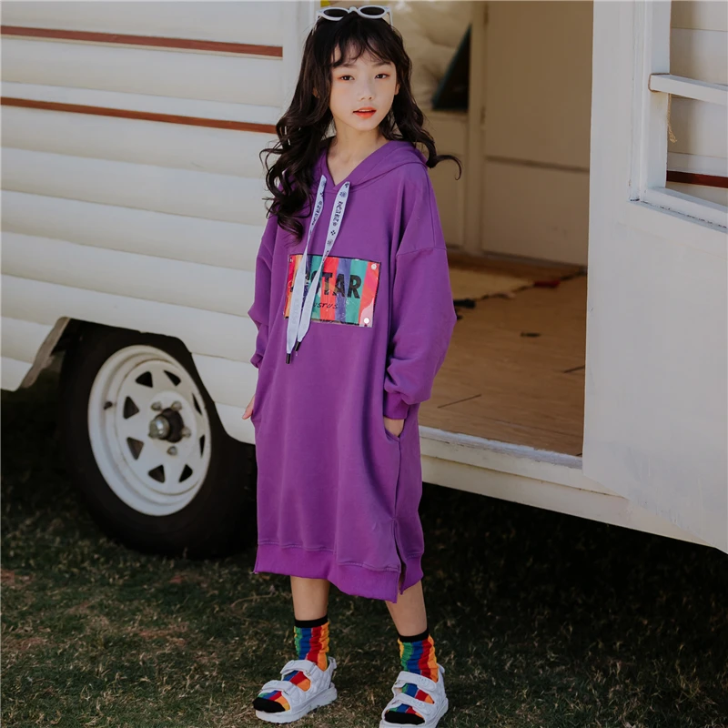 

Fashion Hooded Appliques Straight Dress Spring Autumn Children Clothing Toddler Girls Purple Causal Long Hoodies Kid Outerwear