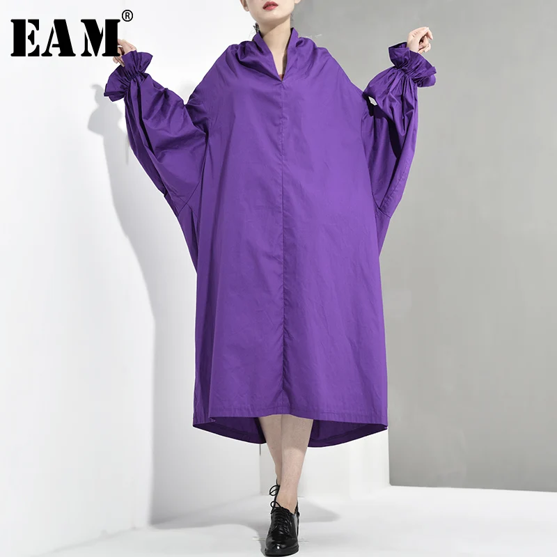 

[EAM] 2019 New Spring Autumn V-Neck Long Lantern Sleeve Ruffles Split Joint Loose Long Big Size Dress Women Fashion Tide LG0291