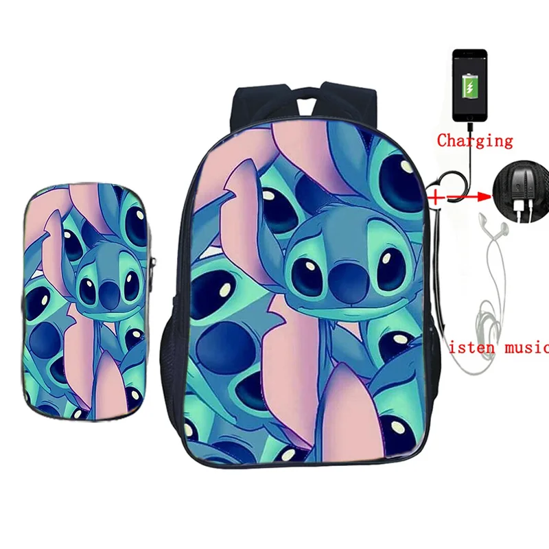 

Kawaii Stitch USB Charging 2 Pcs/Set Backpack School Bags for Teenagers Students Vintage Laptop Backpack Casual Travel Bags