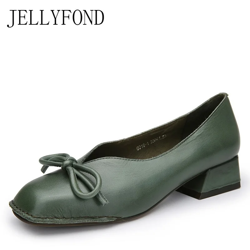 JELLYFOND Brand Designer Women Pumps Vintage Style Square Toe Bow High Heels Handmade Shoes Woman Plus Size EU35-40