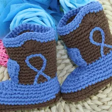 Милое рукоделие, вязание, вязание крючком детские ковбойские ботинки Новорожденные фото реквизит-коричневый/синий