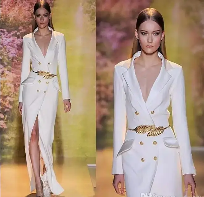 

michael korns White Split Long Evening Dress 2017 High Quality Sleeves Sexy V-Neck Formal Prom Party Gowns with Gold Belt