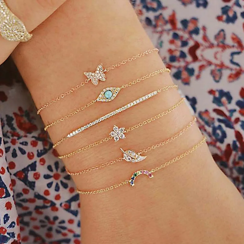 

Miss JQ 6 Pcs/set Bohemia Alloy Minimalist Golden Setting Rhinestone Leafs Butterfly Bracelets set for Women Jewelry Bangles