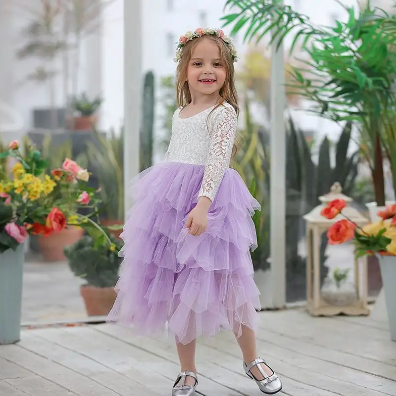 ; кружевное платье для девочек; многослойное длинное платье из тюля с цветочным рисунком; платье принцессы с длинными рукавами для свадебной вечеринки; детская одежда; От 1 до 8 лет; E17104 - Цвет: purple
