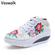 Veowalk Algodón Bordado Floral de Moda de Las Mujeres Plataformas Planas de Lona Atan para arriba Las Señoras Confort Casual Zapatos Para Caminar Zapatos de Mujer