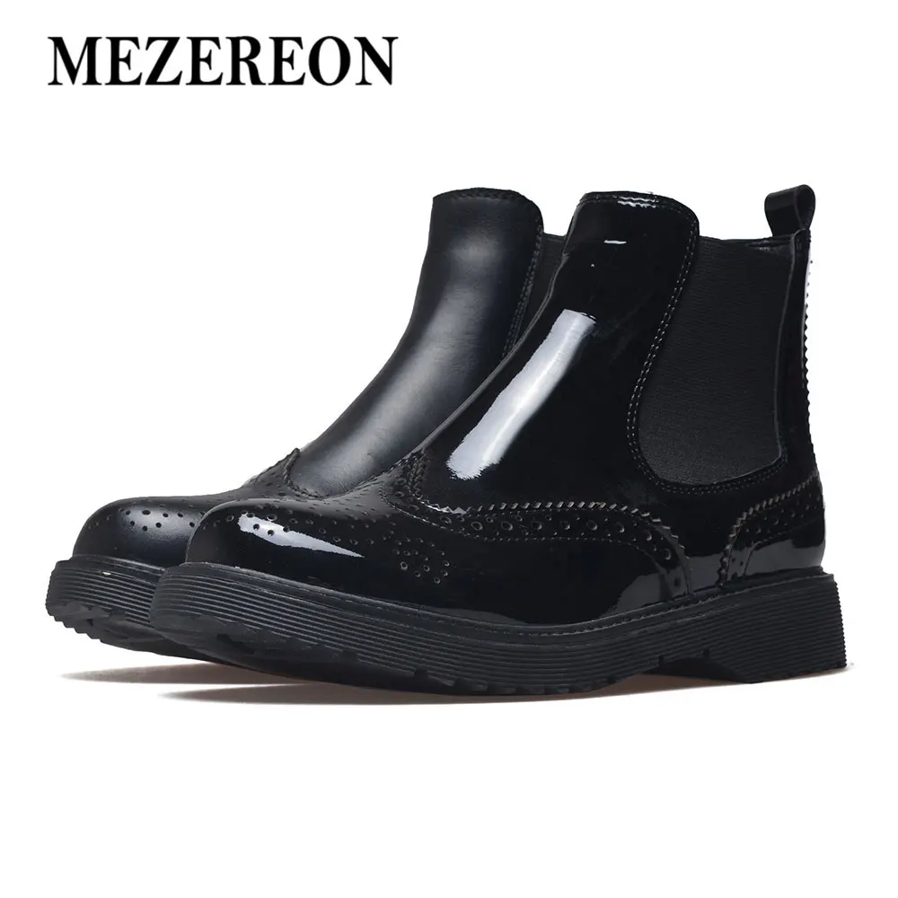 MEZEREON/Женская обувь; женские ботильоны из лакированной кожи; обувь с перфорацией типа «броги»; женские ботинки без застежки с заклепками; женские ботинки «Челси»; европейский размер 41