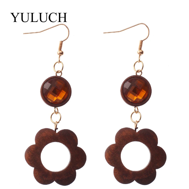 Женские серьги YULUCH длинные деревянные с кристаллами в цветочек 2017|long earring flower|long