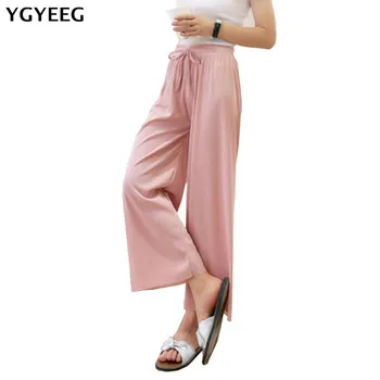 

YGYEEG Elastic Waist Drawstring Capris 2018 New Women Ladies Trousers Wide Leg High Waist Summer Loose Wide Leg Casual Pants