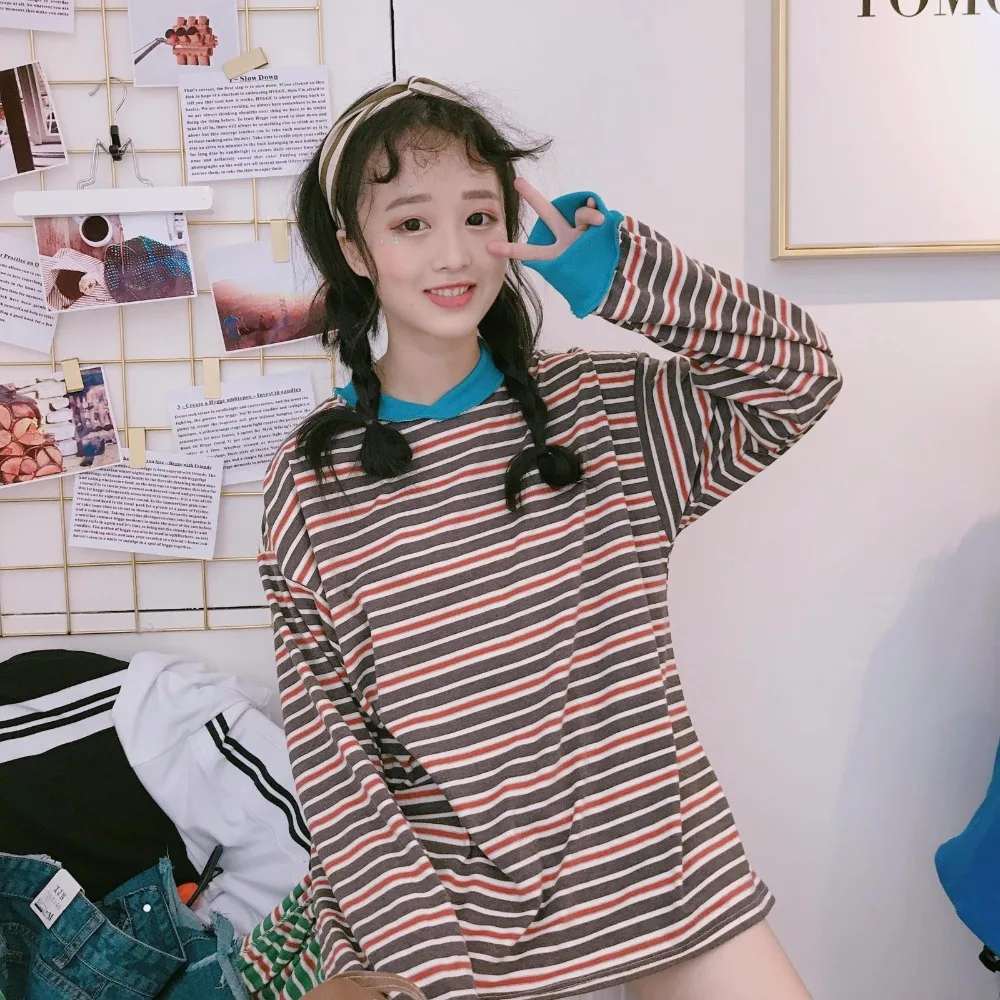 2020 Женская японская панк Harajuku Ulzzang Корейская полоска с отворотом свободная