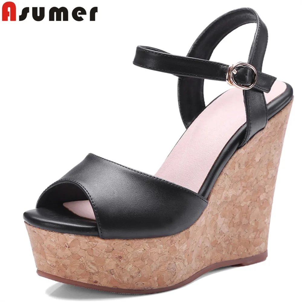 

ASUMER 2018 summer new arrive peep toe buckle platform wedges shoes woman elegant black women genuine leather high heels sandals