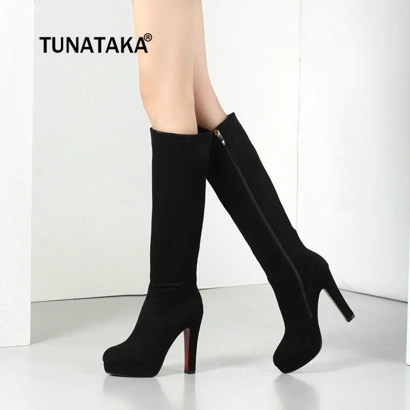 

2018 New Fashion Platform Knee High Boots Chunky High Heel Side Zipper Winter Women Shoes Brown Gray Wine Red Black
