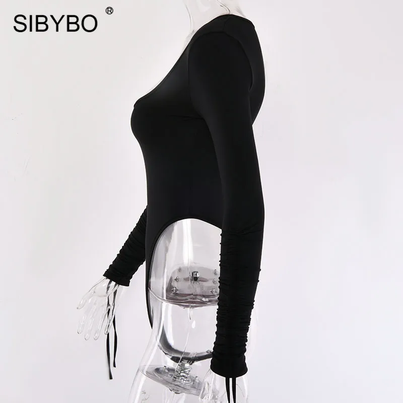 Sibybo осенний облегающий сексуальный костюм с длинным рукавом, женский модный плиссированный Детский костюм с круглым вырезом, женский черный повседневный комбинезон
