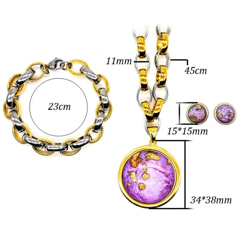 AMUMIU jewelry sets green purple stone pendant earth natural stone woman Pendent Necklace Bracelet Earrings set gold JS019 Fashion Jewelry