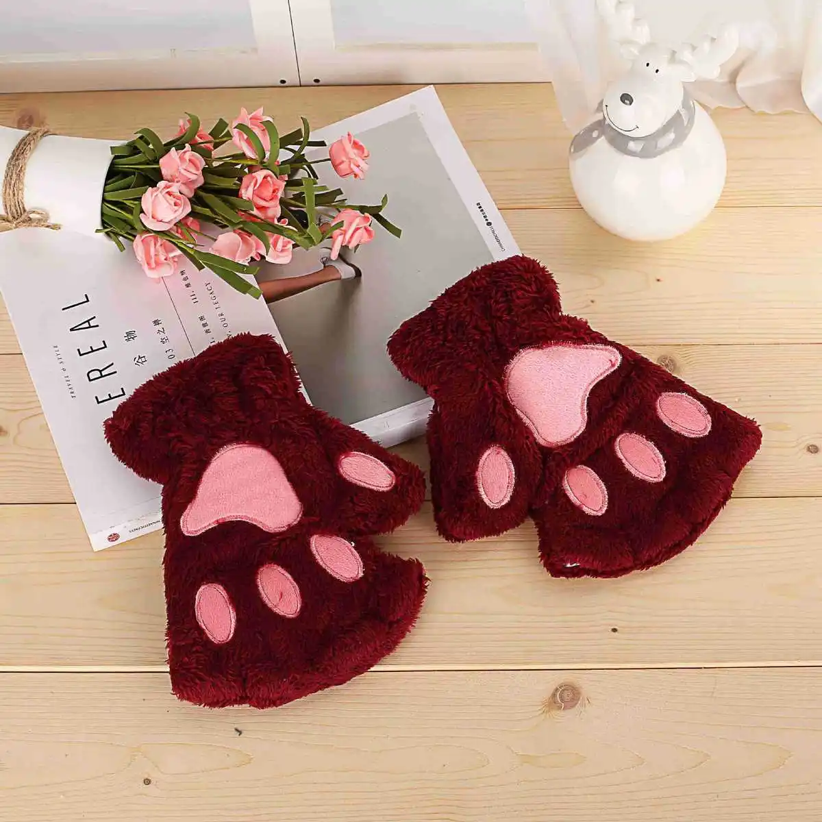 Модные зимние теплые детские перчатки для девочек с котом, без пальцев, милые кошачья лапа с когтями, плюшевые перчатки, варежки, мягкие перчатки - Цвет: claret-red