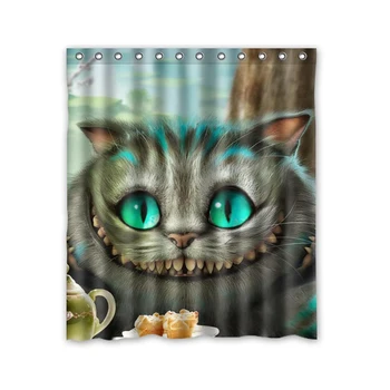 

Decorative Polyester Bath Curtain Printed Alice in Wonderland Cat Shower Curtain Waterproof Size 152x182cm With Hooks