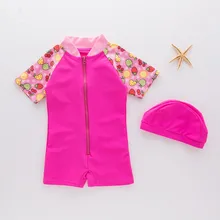 Новое поступление, милый купальник для девочки с фруктовыми рукавами в стиле пэчворк/детский цельный купальник/Для девочек, защита от сыпи с кепкой, 3142