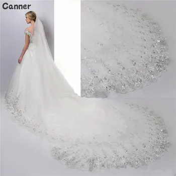 

Canner 4 Meters Full Edge With Lace Bling Sequins Long Wedding Veil With Comb White Lvory Bridal Veils