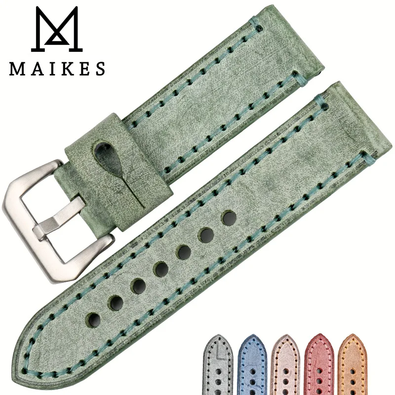 Maikes часы аксессуары 22 мм 24 мм ремешки модная зеленая Английский Уздечка кожа коровы группы часы для Panerai ремешок