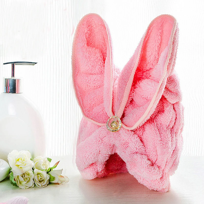 

Cute Coral Velvet Dry hair Hats 100% Coral Wool Add Thick Super Absorbent Dry Hair Towel Cute Rabbit Ears Bath Hair Towel