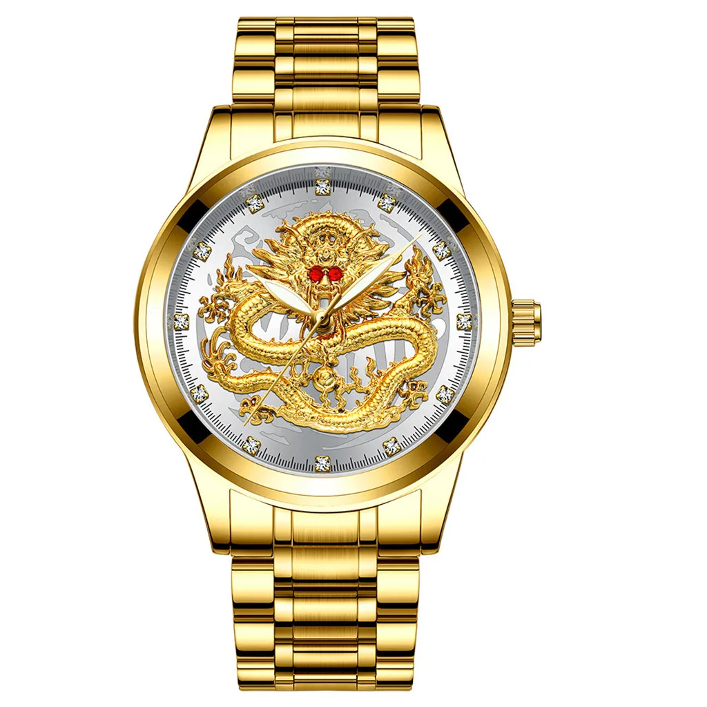 Мужские винтажные часы с золотым каркасом, с тиснением, с бриллиантами, с изображением дракона, мужские водонепроницаемые кварцевые часы, Relogio Masculino