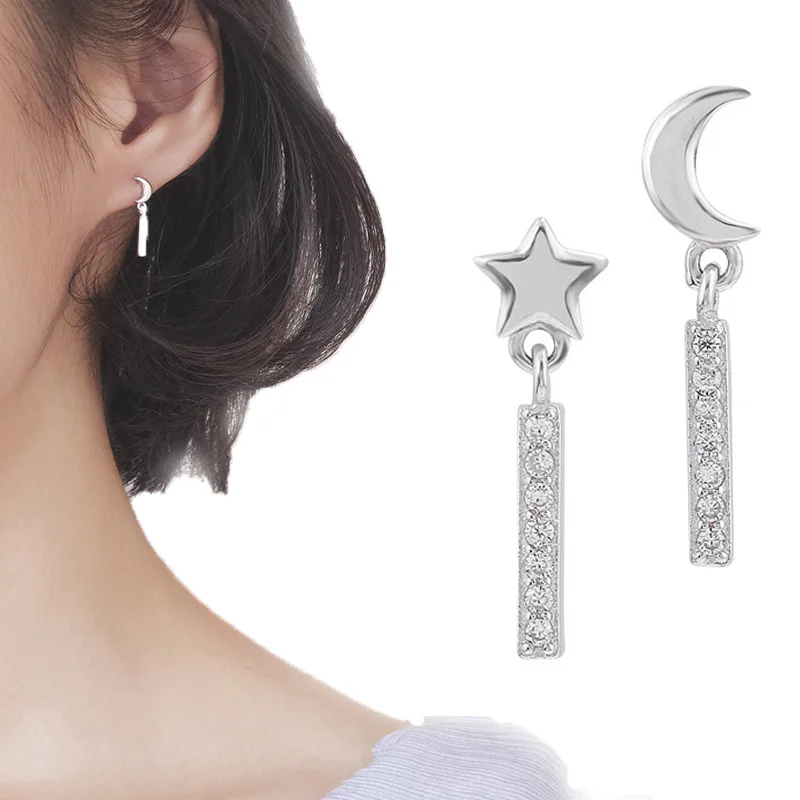 

2018 Women Jewelry Fashion Cute Tiny Asymmetric Silver Moon Star Stud Earrings For Daughter Girls gift
