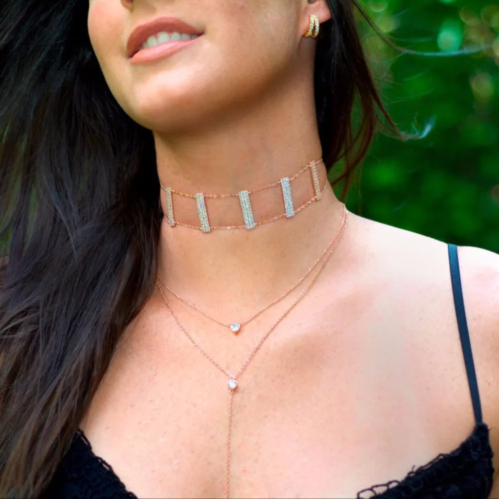 

fashion chokers with cz paved bar shape charm short necklace with rhodium rose gold color plated necklace for women wedding gift