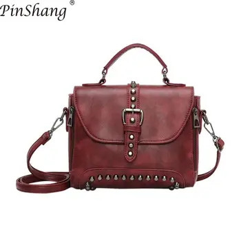 

PinShang Women Handbag Fashion PU Bags Rivet Handbag Vintage Leather Shoulder Bag Crossbody Bags for Women 2018 ZK40