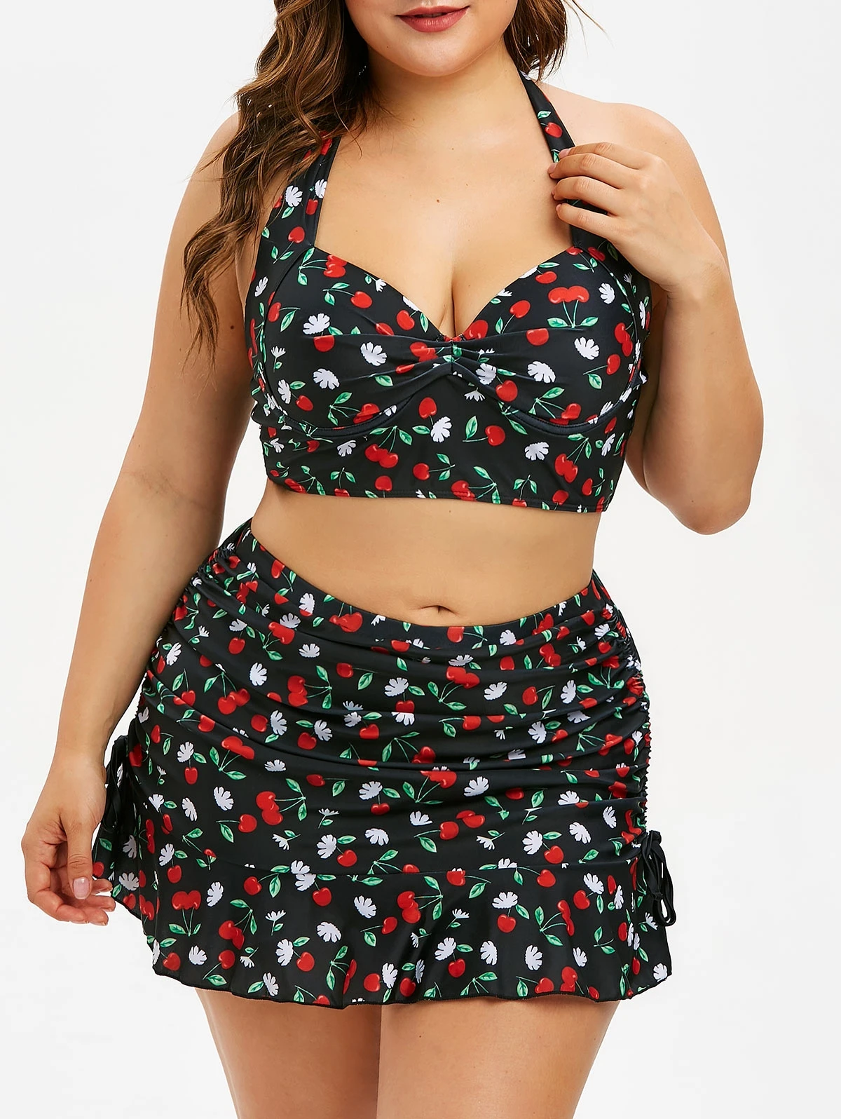 

Large Size Flounce Bikini Set With Skirt Cherry Print Push Up Swimsuit Swimwear Women Plus Beachwear Sexy Brazilian Big Bodysuit