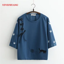 Летняя японская женская футболка Kawaii Mori Girl с милой вышивкой в виде кота, бандажные женские футболки с поперечным бантом, повседневные уличные футболки