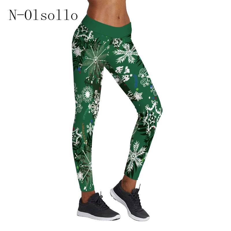 

2017 New Christmas 3D Snowflake High Waist Black Leggings Green Slim Bodybuilding Pants Women Capri Workout Legins Casual Leggin
