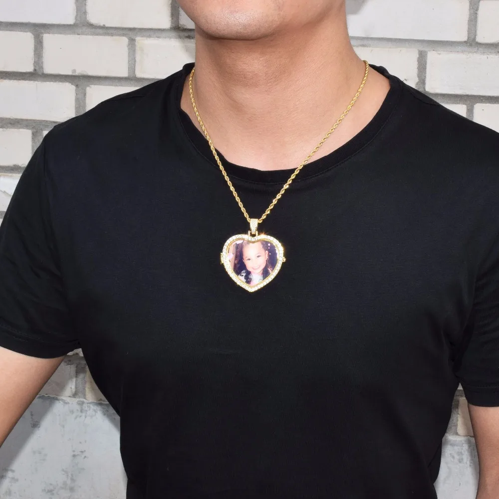 Изготовленное на заказ фото сердце медальоны ожерелье и кулон с 4 мм теннисная цепь Золото Серебро Цвет кубический циркон мужские хип хоп ювелирные изделия