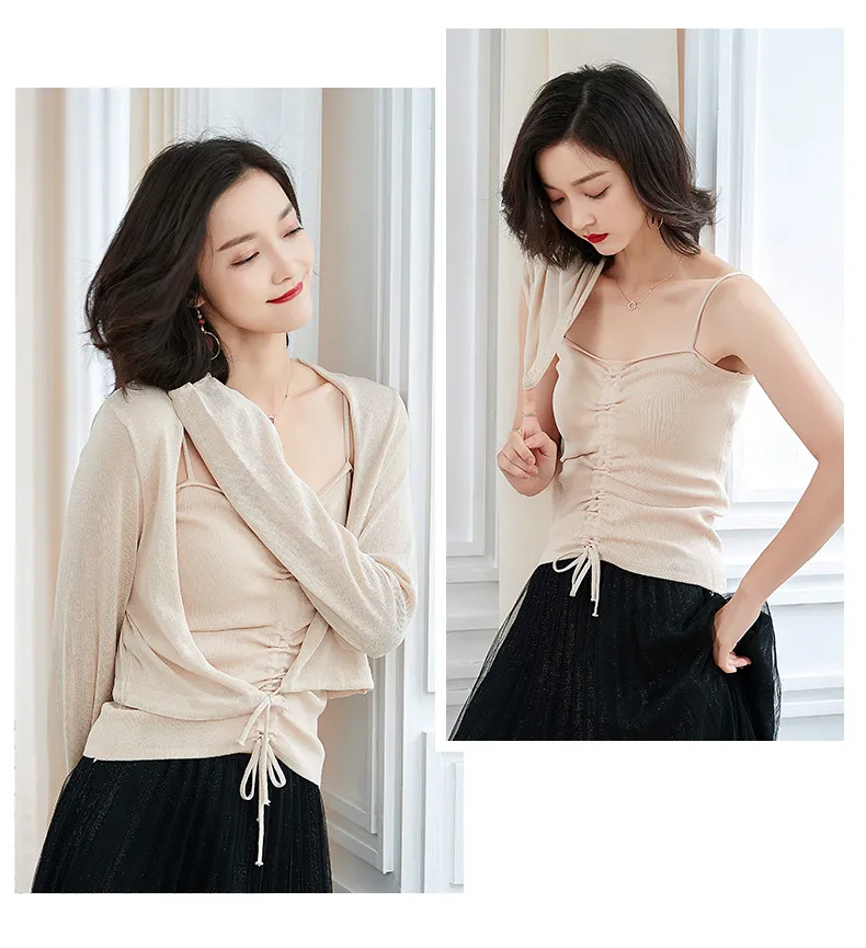 XJXKS Camis Топы женские летние Новые две части тонкие сексуальные Camis и прозрачные вязаные шали винтажная Молодежная Женская майка