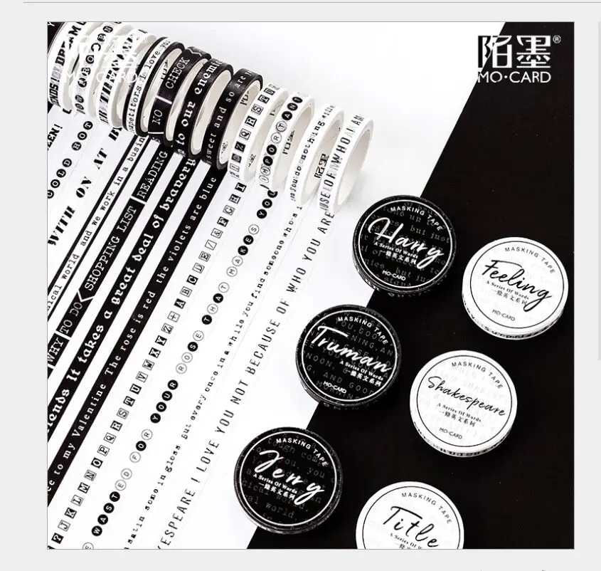 

Vintage fine black white text parting line English letter printer number week Washi Tape DIY Planner Scrapbooking Masking tape