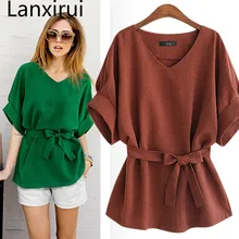 New 2018 Summer Fashion 5xl Plus Size Women T -Shirts Linen Tunic Shirt V Neck Big Bow Batwing Tie Loose Ladies Tee Tops New 2018 Summer Fashion 5xl Plus Size Women T -Shirts Linen Tunic Shirt V Neck Big Bow Batwing Tie Loose Ladies Tee Tops
