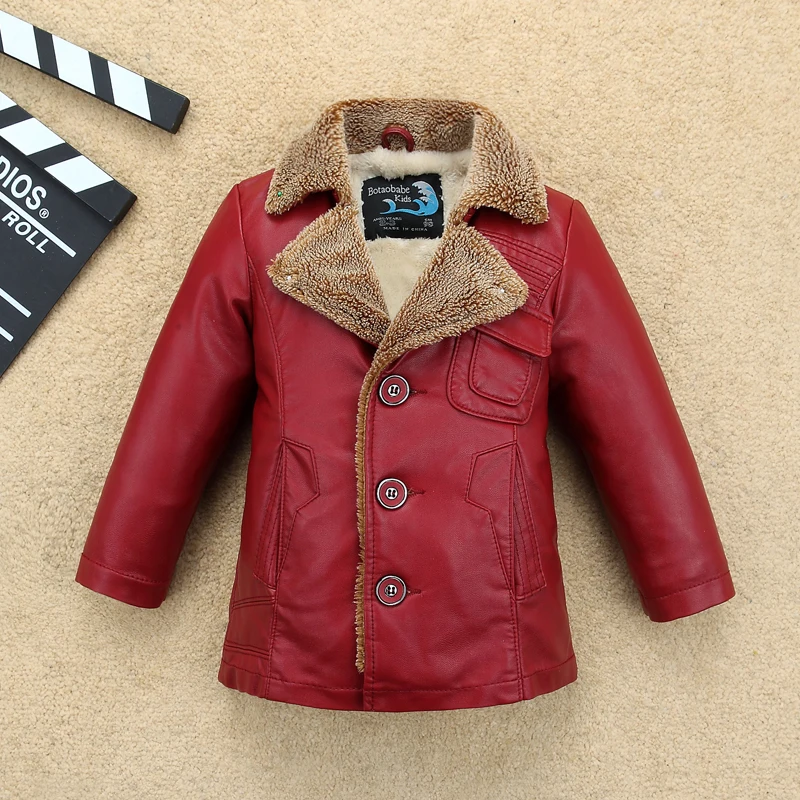 

New arrival winter kids leather clothing child plus velvet thickening trenchboy medium-long outerwear for 105-170cm tall kids