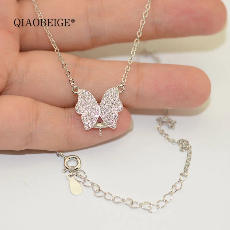 QIAOBEIGE 2 шт DIY стерлингового серебра 925 Обручальное женское ожерелье полукрепление крылья бабочки круглая жемчужная бусина Установка кристалл