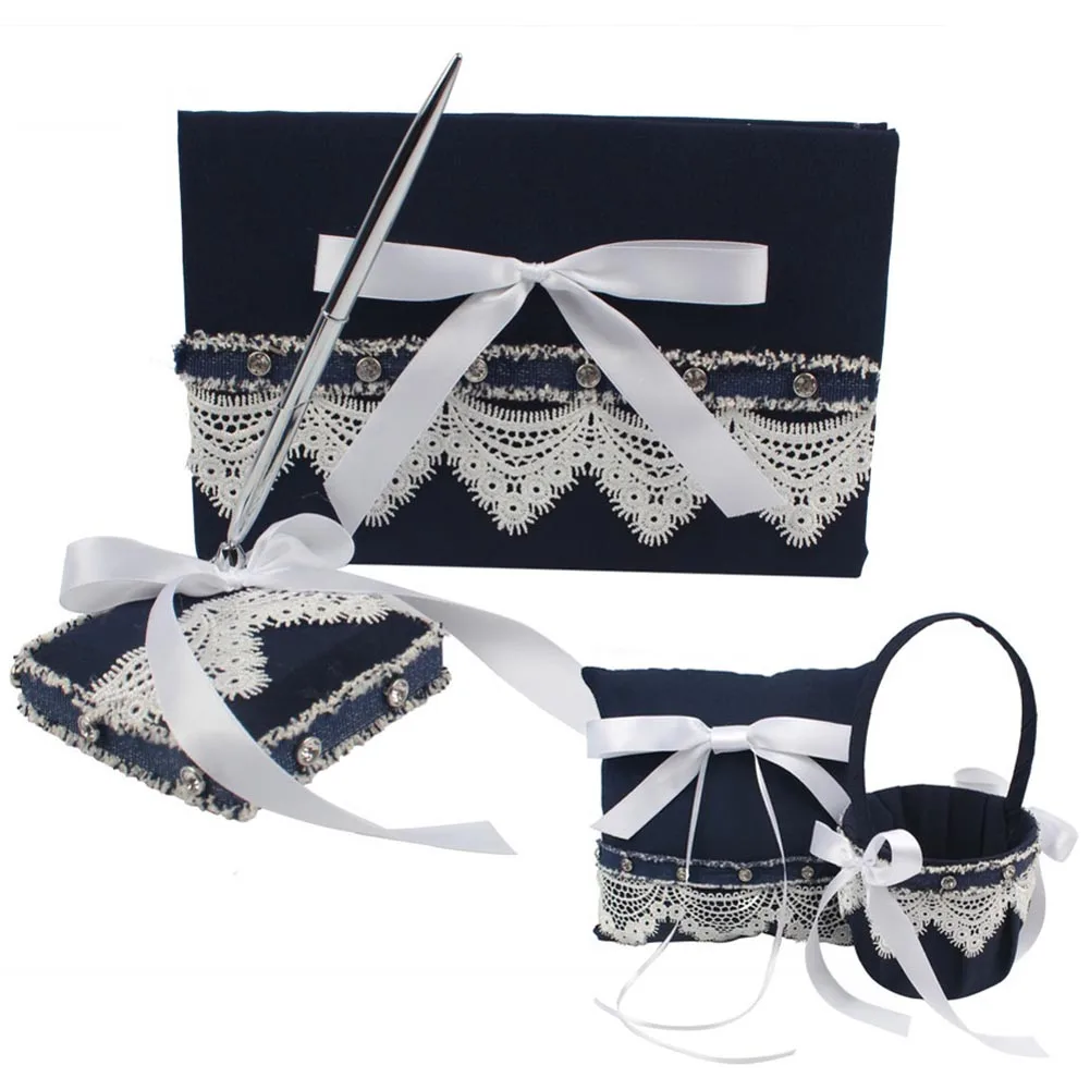 

4Pcs/Set Modern Wedding Ring Pillow+Flower Basket+Wedding Guest Book+Pen Event Party Supply MYDING