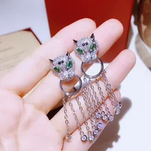 XF Классические Модные леопардовые серьги с животными и кисточками из медного сплава, зеленые глаза, 925 серебряные серьги, женские свадебные ювелирные изделия, бренд C