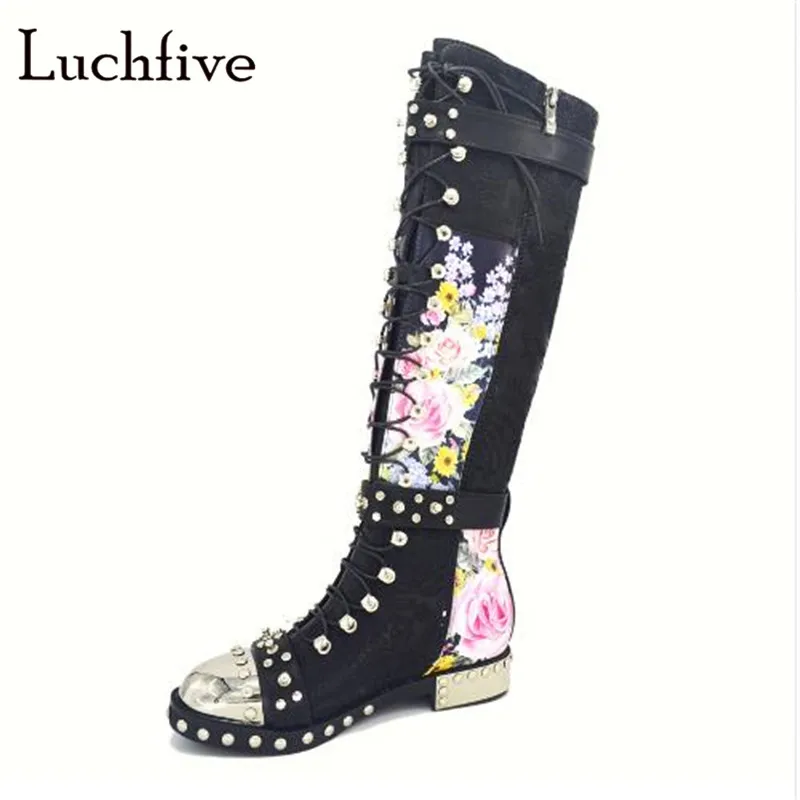 

Rivets Mid-calf women booties lace up print flower round toe knee high boots black pink white zipper square heels botas mujer