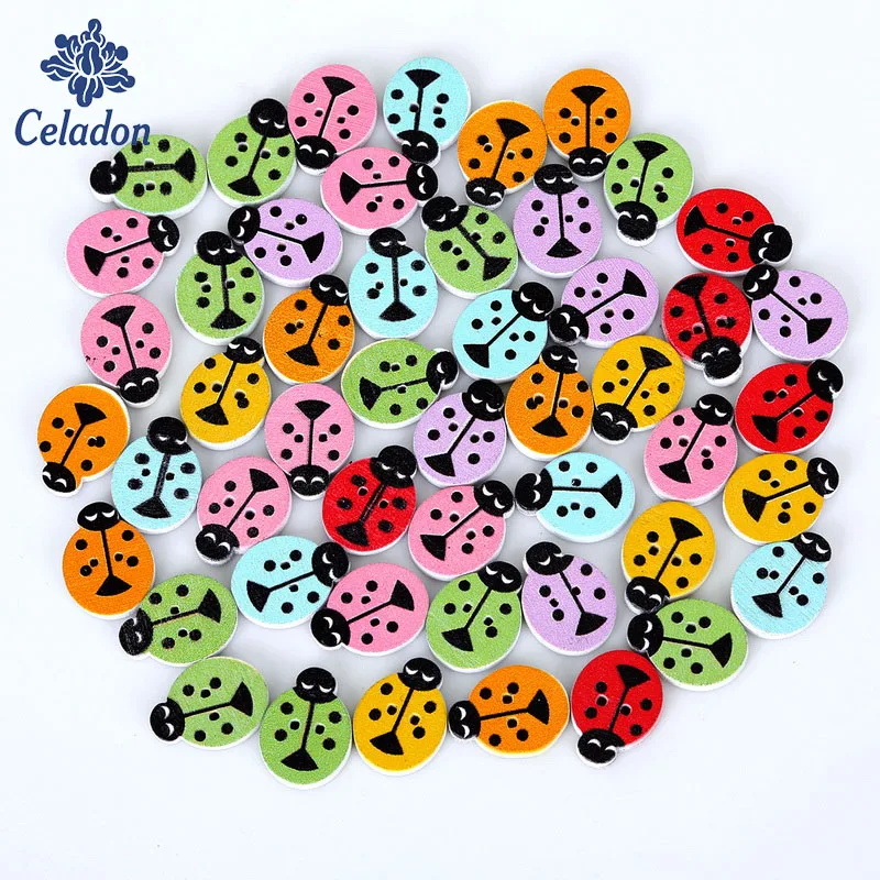

12x17mm 50pcs Mix Colors Small Ladybug Colorful Button Wood Buttons For Sewing Garment Supplies Accessory